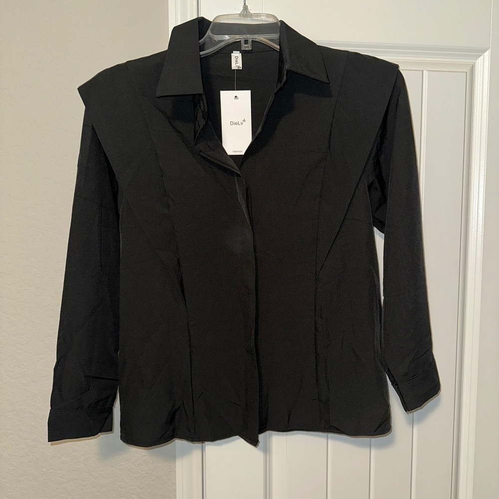 Black Woman's Dress Shirt Button Up Size Small 3/4 Sleeve Business Work Office